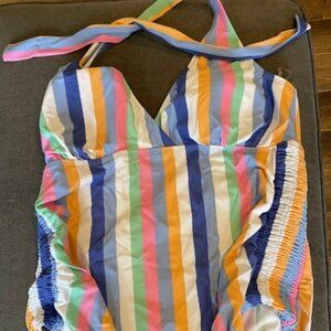 NWT Motherhood Maternity One-Piece Stripe Bathing Suit w/Ruching Sz XL